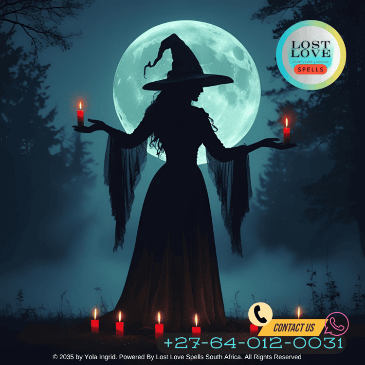 Silhouette of a witch casting a love spell under a full moon with red candle glow