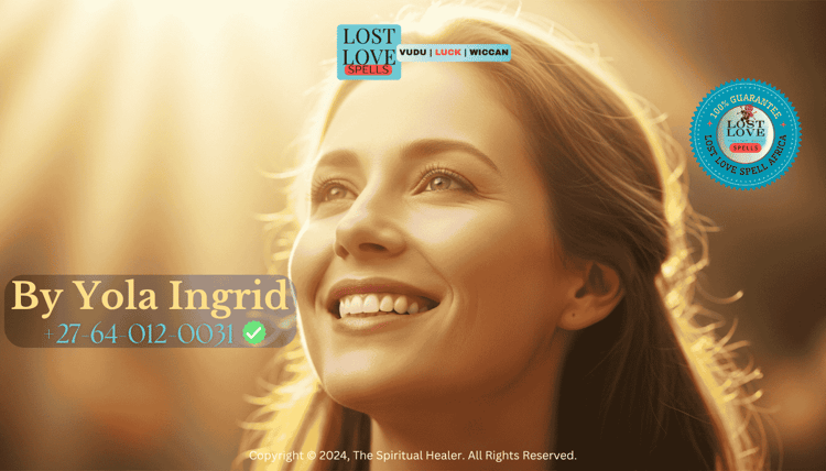 Smiling woman bathed in warm golden light, representing happiness and spiritual upliftment from a love spell.