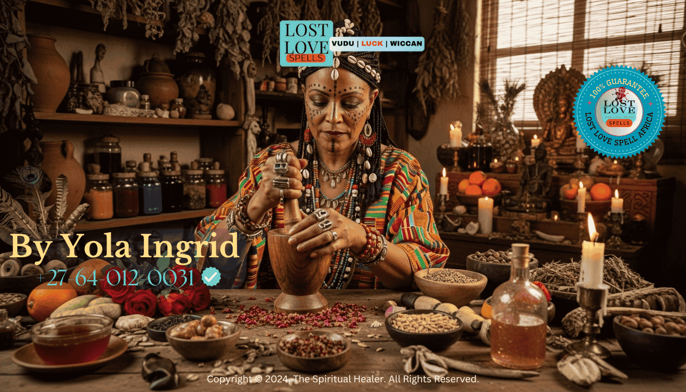 Spiritual healer Yola Ingrid preparing love potion ingredients
