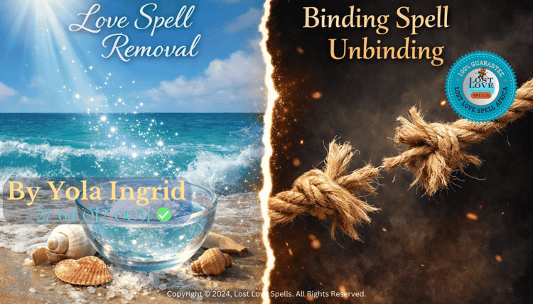 Split image with cleansing salt water and a tied cord symbol, representing differences between love spell removal and binding spell unbinding.