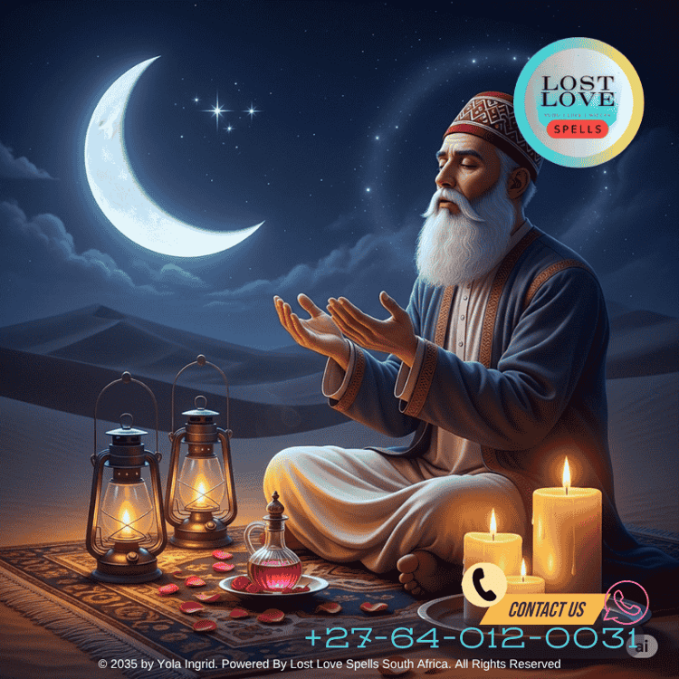 Sufi mystic reciting prayers under crescent moon with rose oil and candles (1)