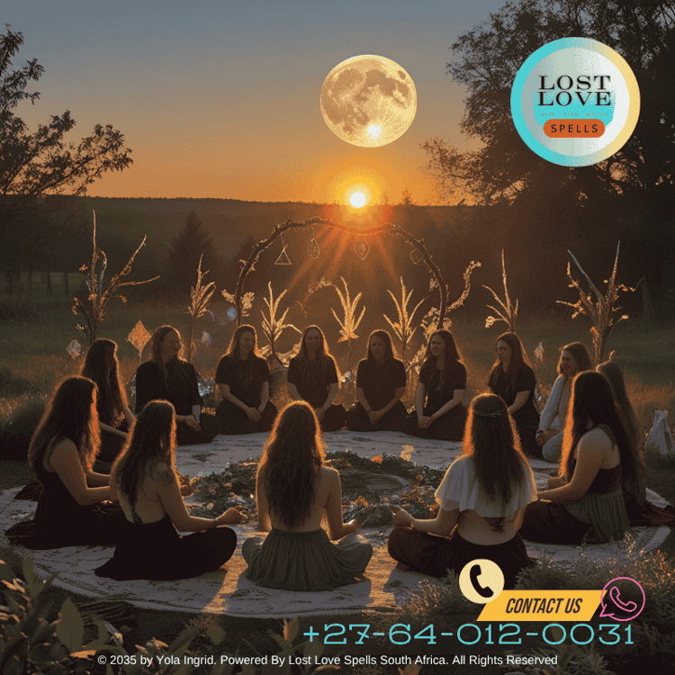 Sunrise herbal knot magic ceremony beneath a waxing moon]