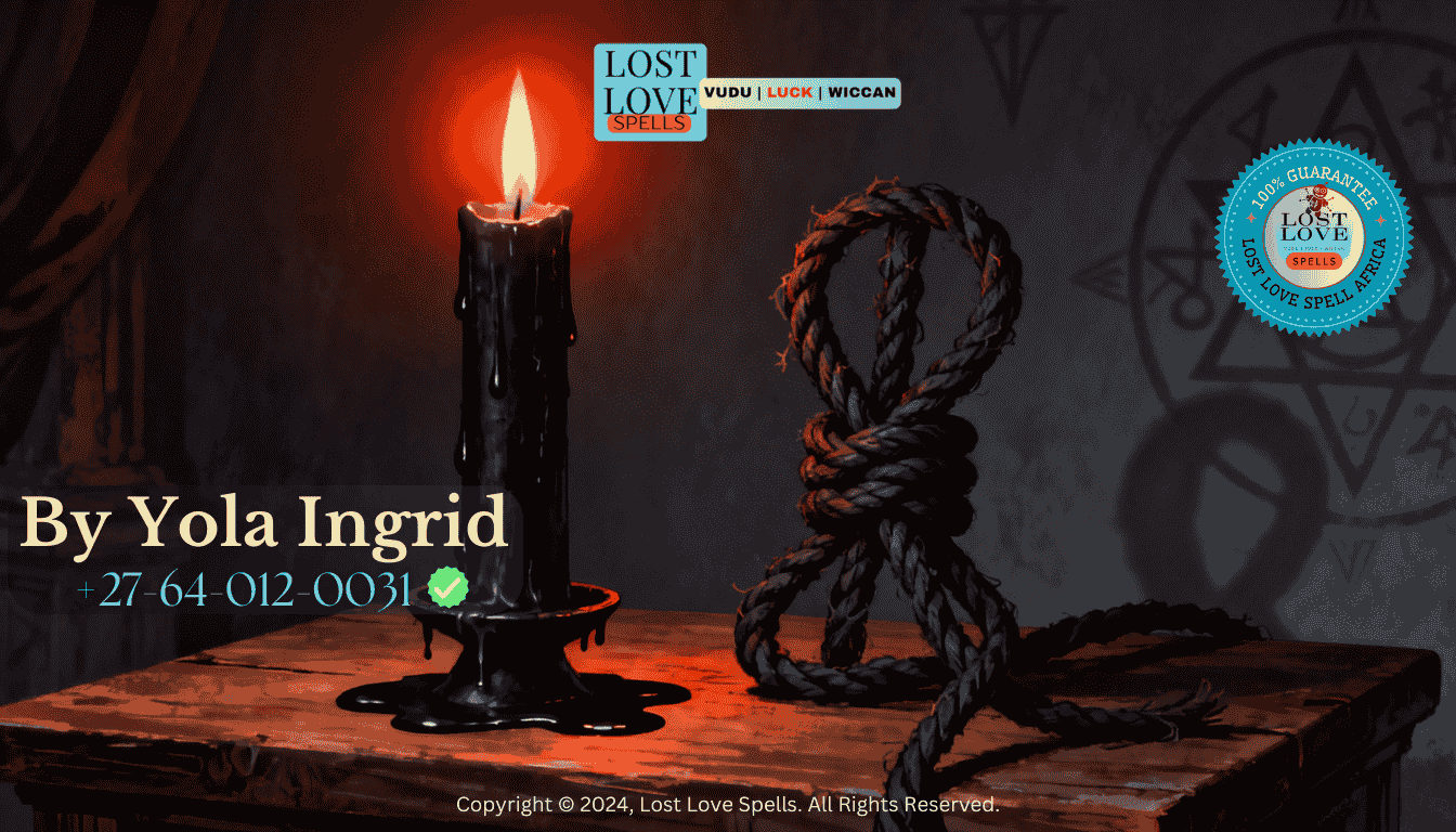 Symbolic cord and knot beside a candle representing the definition of binding spells and restrictive spiritual intent.