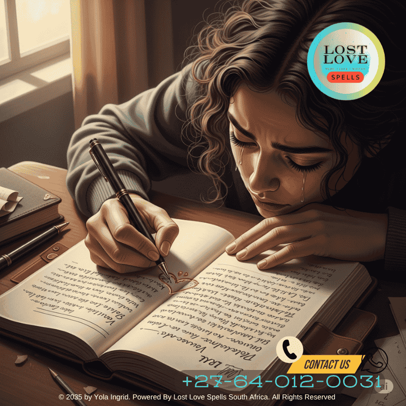 Tears falling onto a journal as someone writes a letter to their lost love.