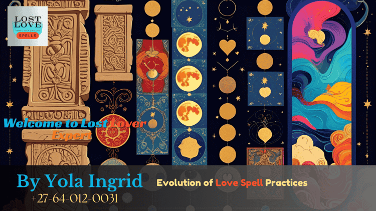 Timeline illustration showing love spell artifacts evolving from ancient clay tablets to a smartphone app with moon phases