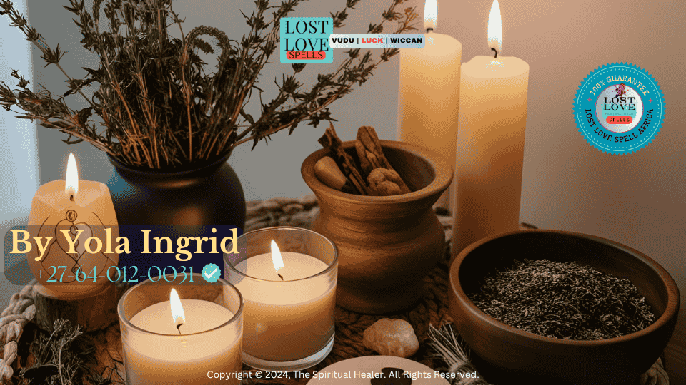 Traditional African altar with candles, herbs, and ancestral symbols during a lost love ritual. (1)