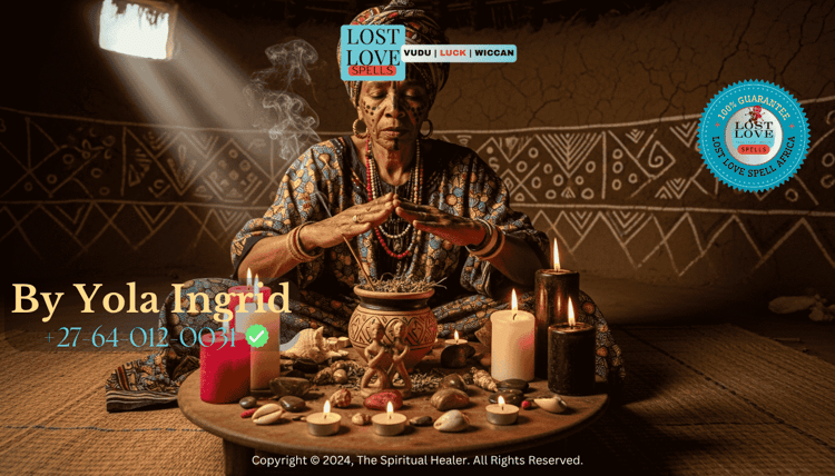 Traditional African love spell caster performing spiritual ritual with candles