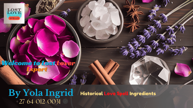Traditional love spell ingredients rose petals, lavender, cinnamon, and quartz arranged on altar