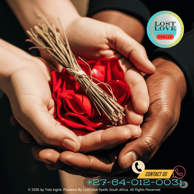 Two hands from different skin tones holding rose petals and imphepho grass together in a symbolic unity ritual (1)