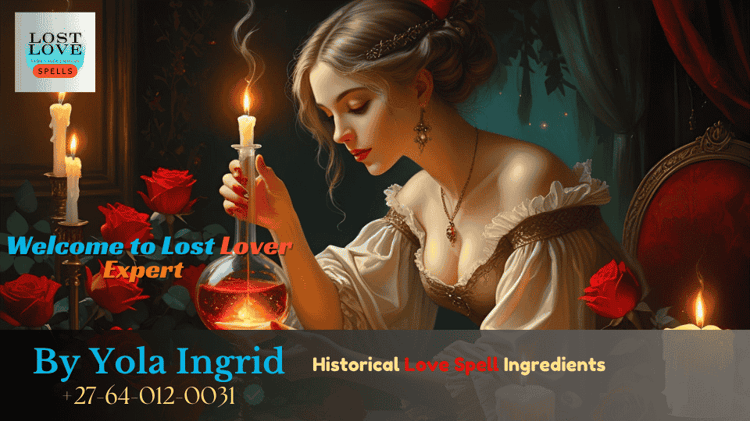 Victorian-style painting of a woman mixing a love potion surrounded by red roses and candles