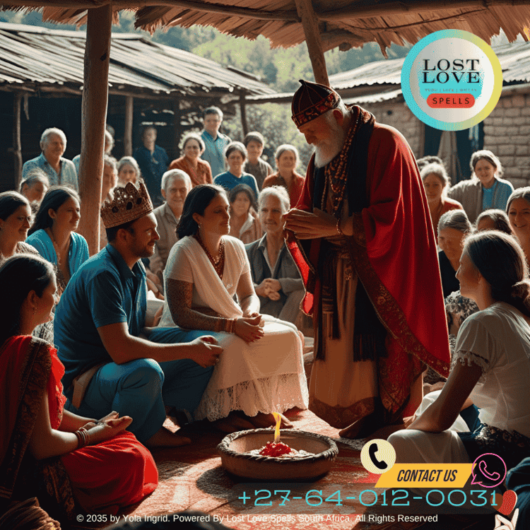 Village gathering where a folk healer blesses a couple