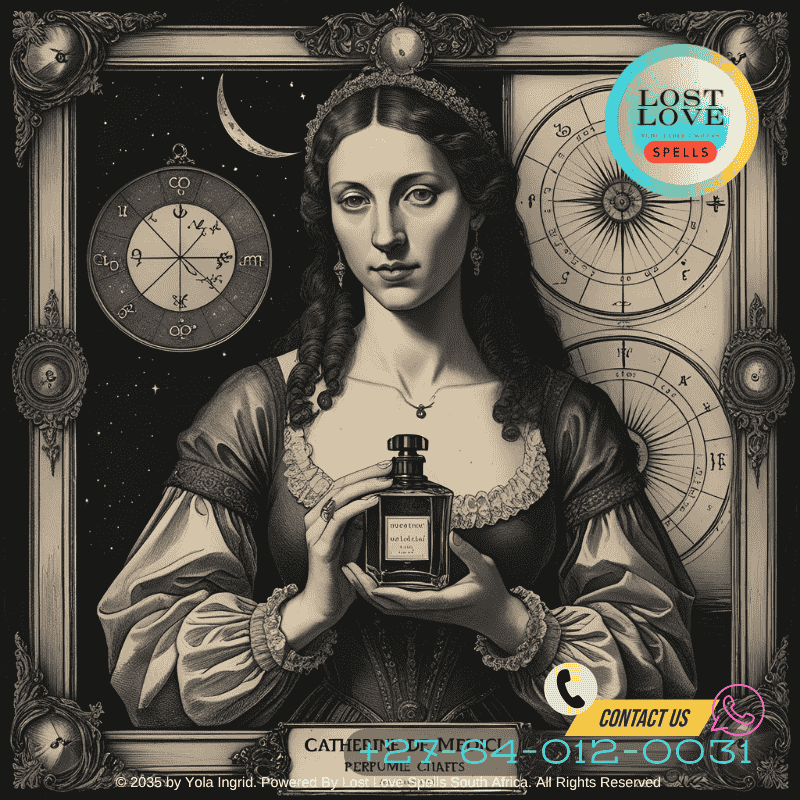 Vintage engraving of Catherine de Medici holding a perfume bottle beside astrological charts