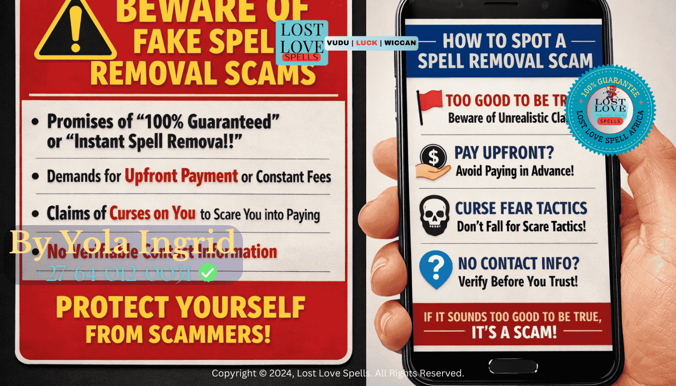 Warning sign and phone screen representing how to recognize fake spell removal services and avoid scams. (1)