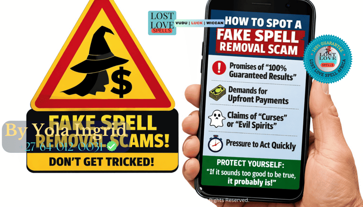 Warning sign and phone screen representing how to recognize fake spell removal services and avoid scams.