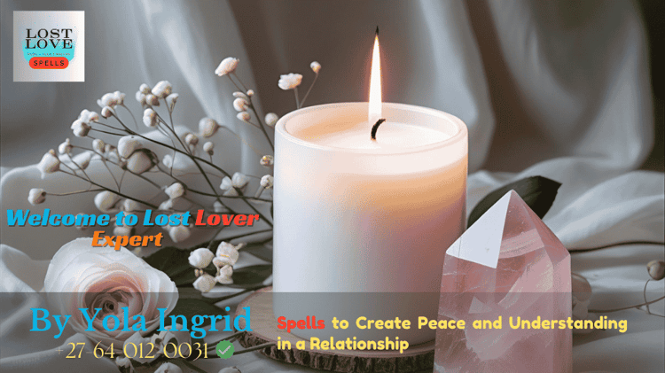 White candle and rose quartz arranged for a harmony spell