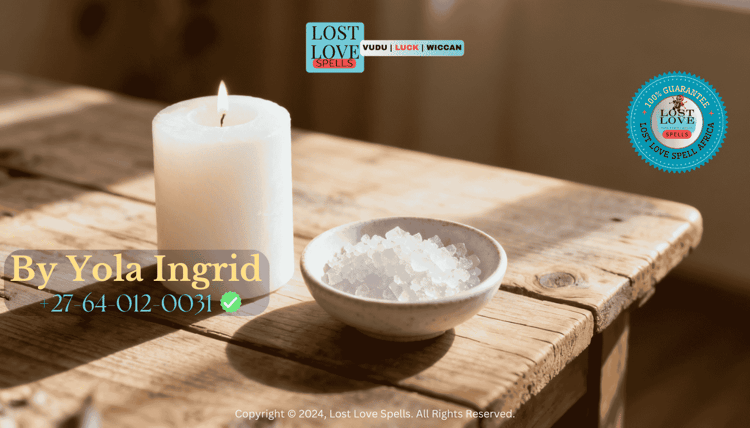 White candle and salt used in a gentle cleansing ritual for love spell removal and emotional peace.