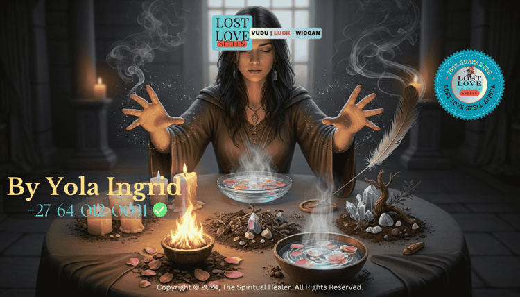 Witch performing elemental love ritual surrounded by fire, water, earth, and air symbols.
