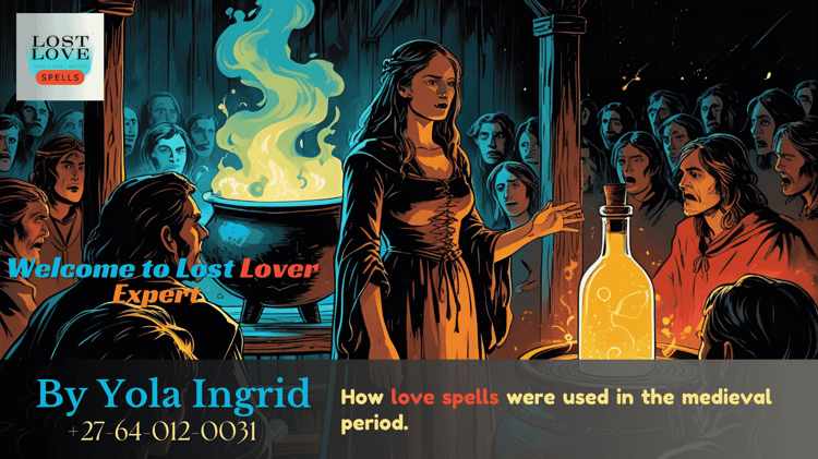 Witch trial illustration showing accused woman and love potion evidence