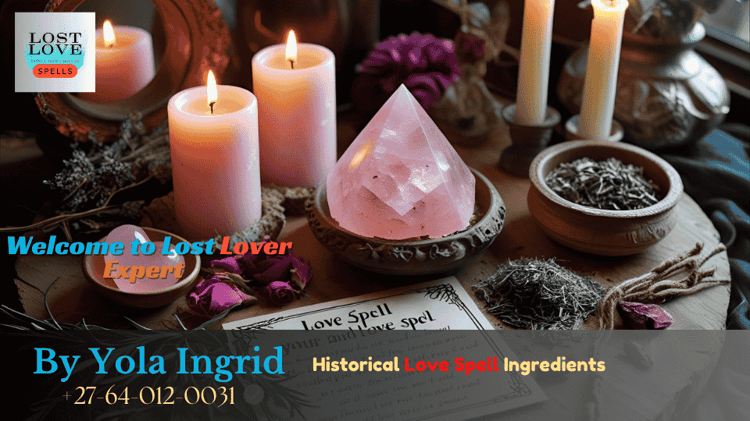 Witch’s love spell altar with candles, rose quartz, herbs, and a handwritten ritual card (1)