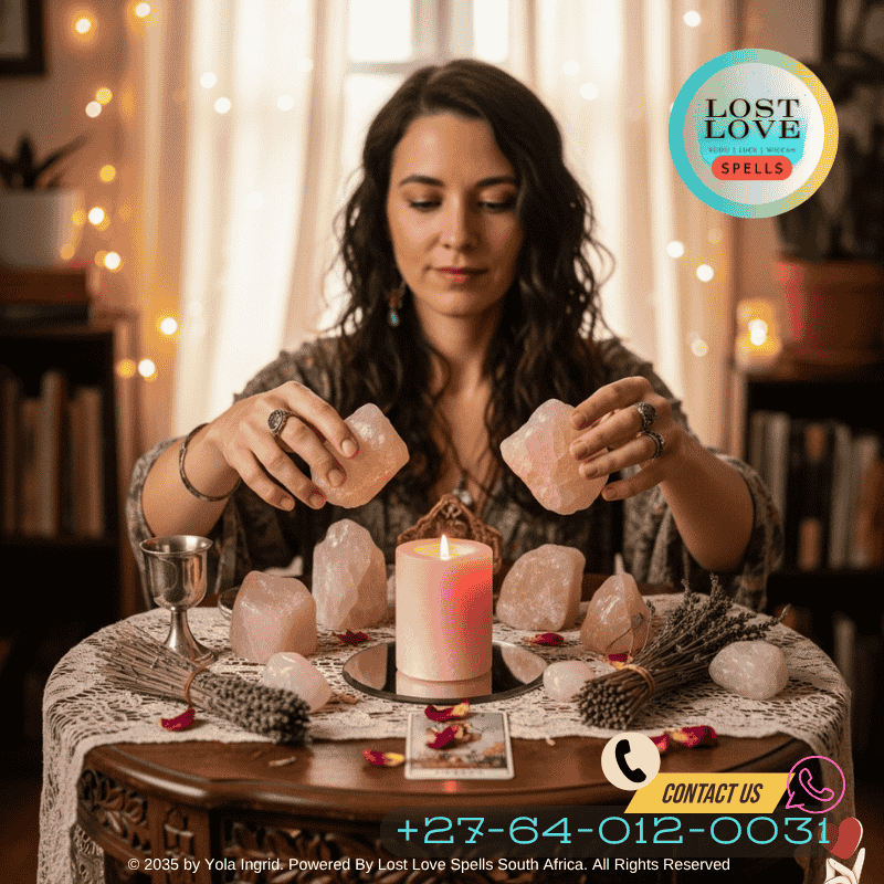 Woman arranging a pink candle and rose quartz on her love altar for spellwork.