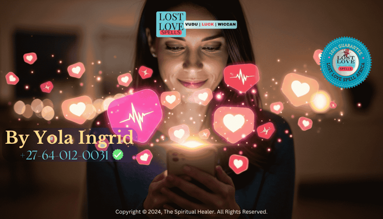 Woman looking at her phone surrounded by glowing heart icons, symbolizing energetic connection through social media.