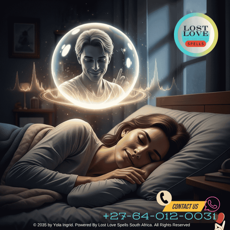 Woman peacefully dreaming of her partner surrounded by glowing spiritual light.