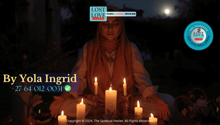 Woman performing a moonlit love spell cleansing ritual with candles and crystals.
