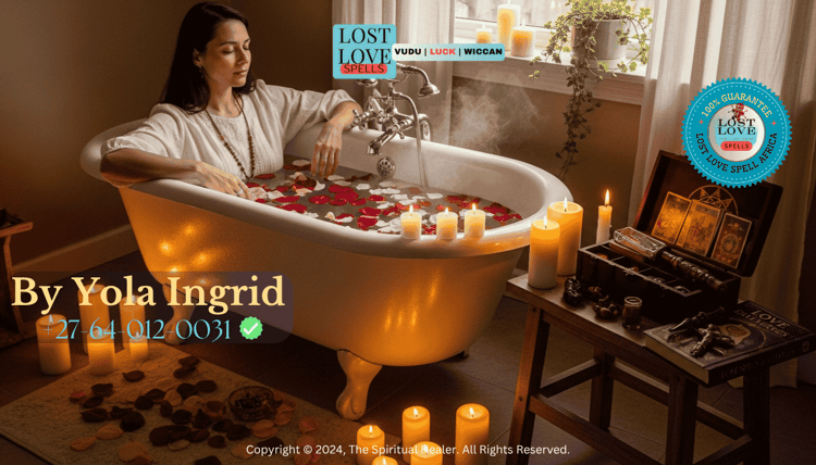 Woman performing spiritual bath with rose petals and candles before casting a love spell.