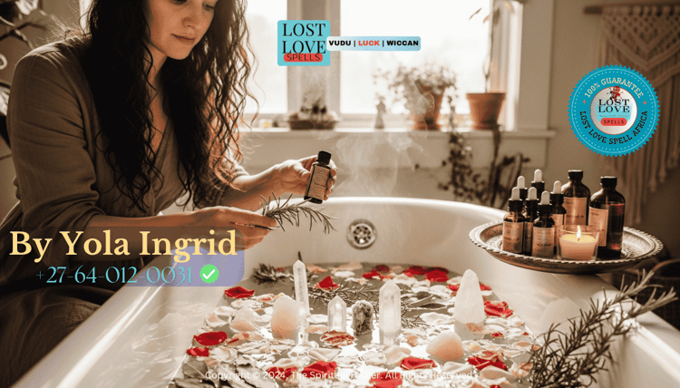 Woman preparing a spiritual love bath with herbs, crystals, and essential oils.