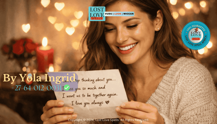 Woman smiling while reading a heartfelt message, representing real love spell results and emotional reconnection.