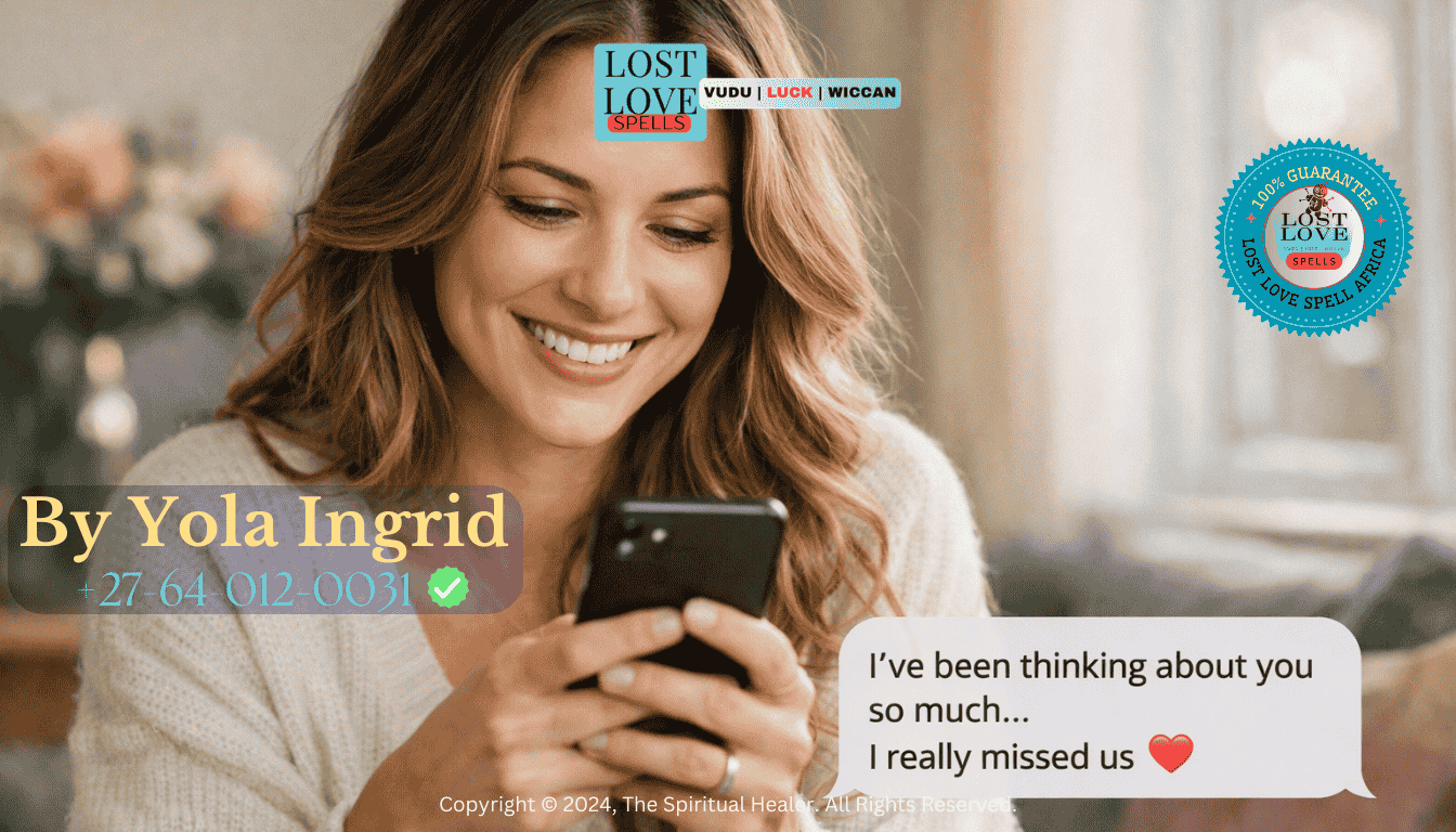 Woman smiling while reading a message from her ex after rekindling a lost love relationship.