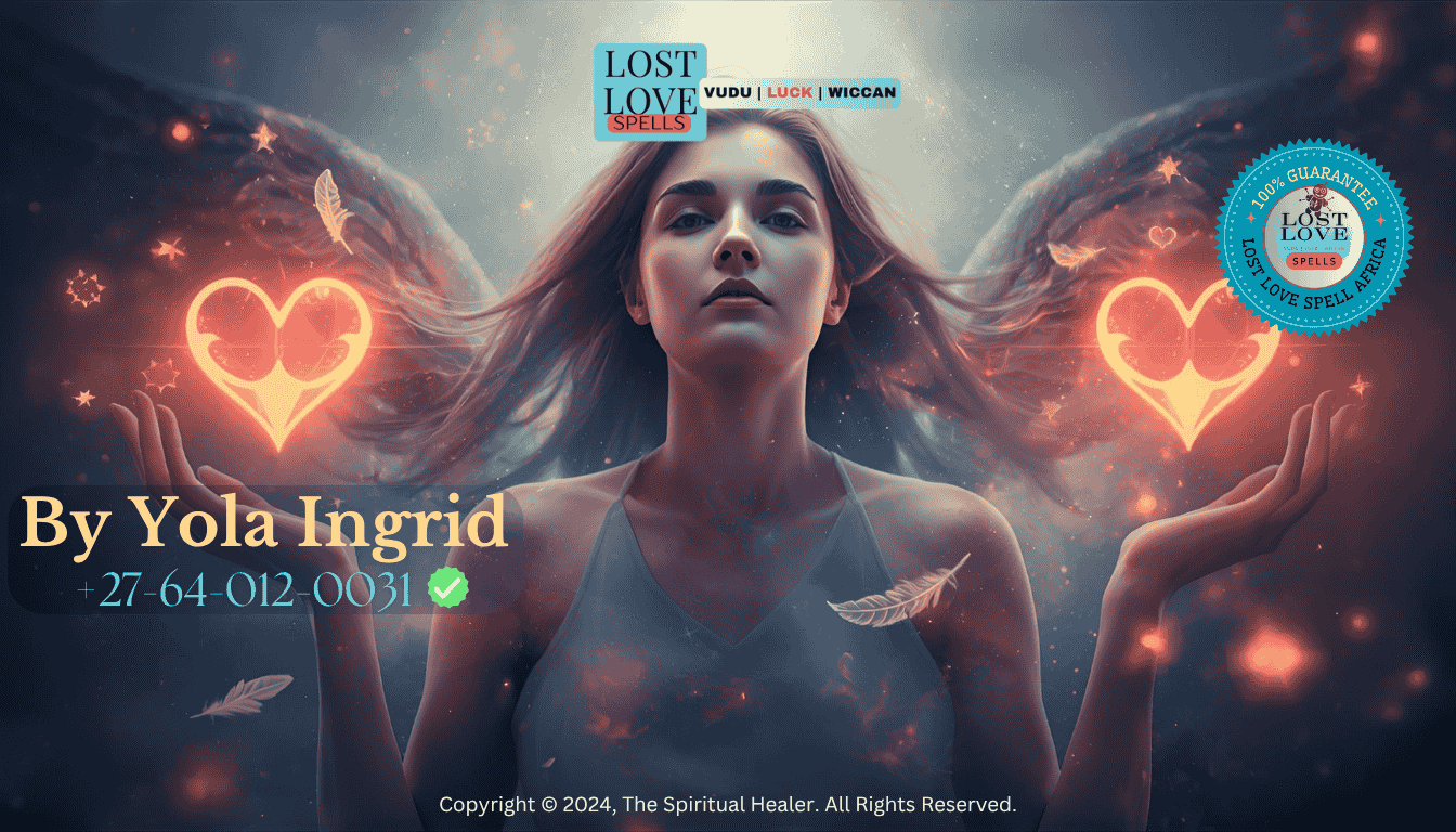 Woman surrounded by glowing heart and feather symbols, representing universal signs confirming love spell energy. (1)