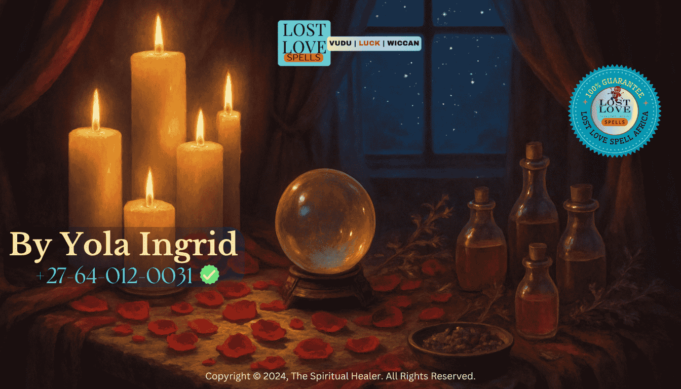 a serene and mystical setting that embodies the essence of love spell casting. In the foreground, a beautifully arranged altar is adorned with an array of candles flickering softly, casting warm, 