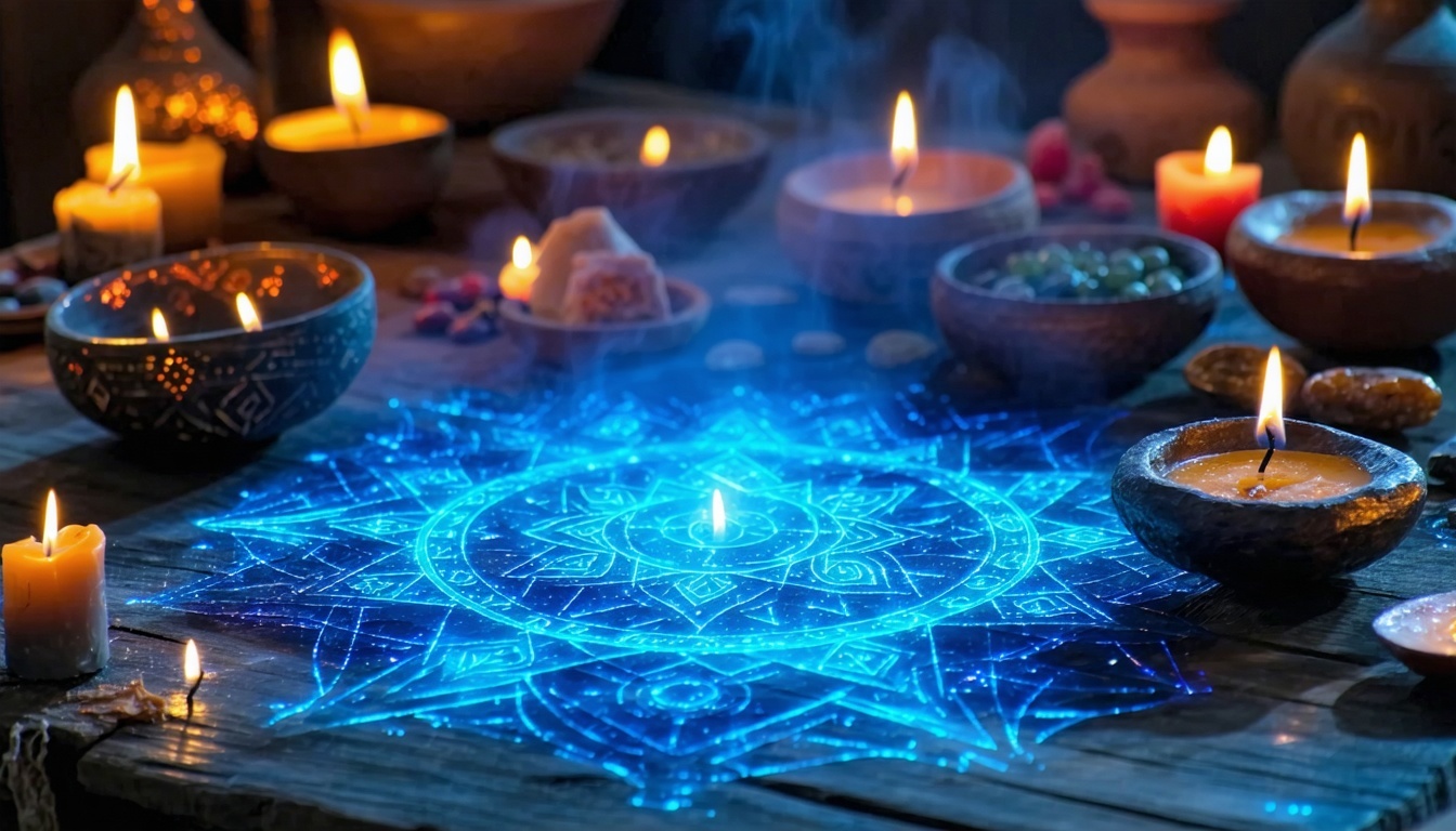 Mystical symbols glowing softly on ritual table